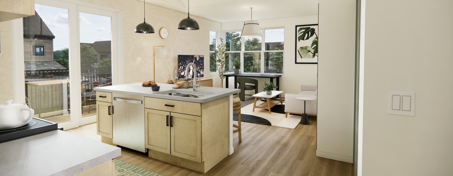 a kitchen with a bar and island