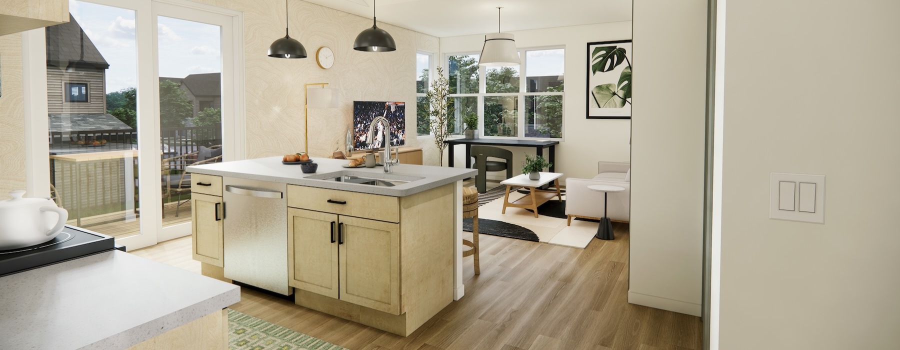 a kitchen with a bar and island