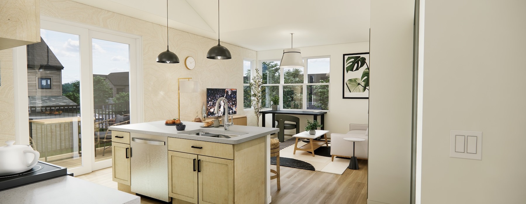 a kitchen with a bar and island