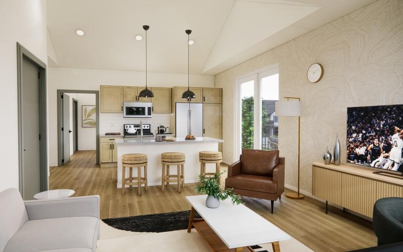 a living room with a tv and couches