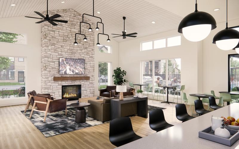 a living room with a fireplace
